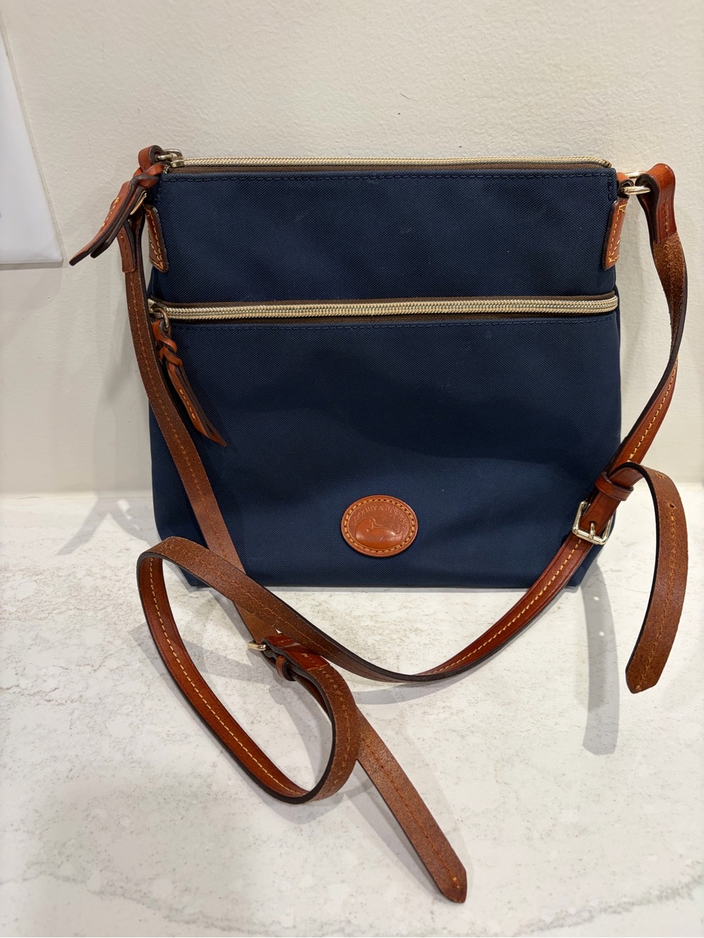 Dooney & Bourke Brown Leather-Trim Messenger with Red Interior